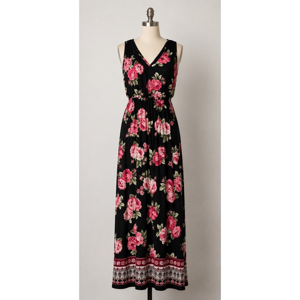 Three Pink Hearts Womens Black Pink Floral V-Neck Sleeveless Maxi Dress Small
